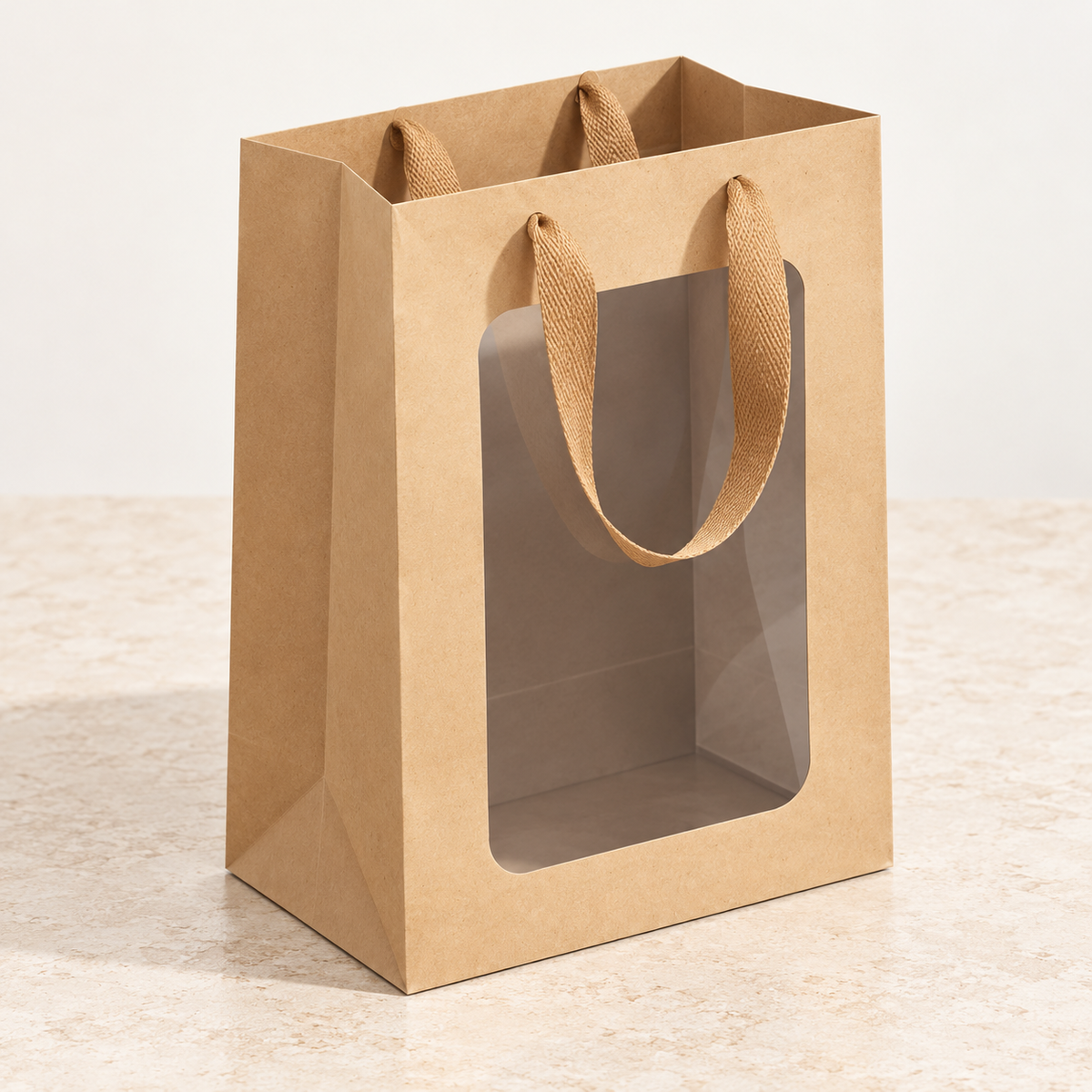 Open brown gift bag showing the side gusset and opening