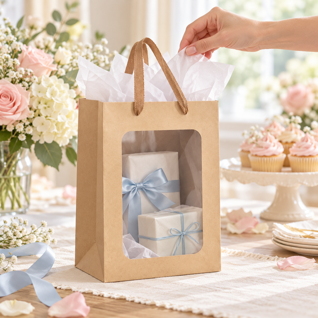 Brown window gift bag being prepared for a celebration; contents are styling props