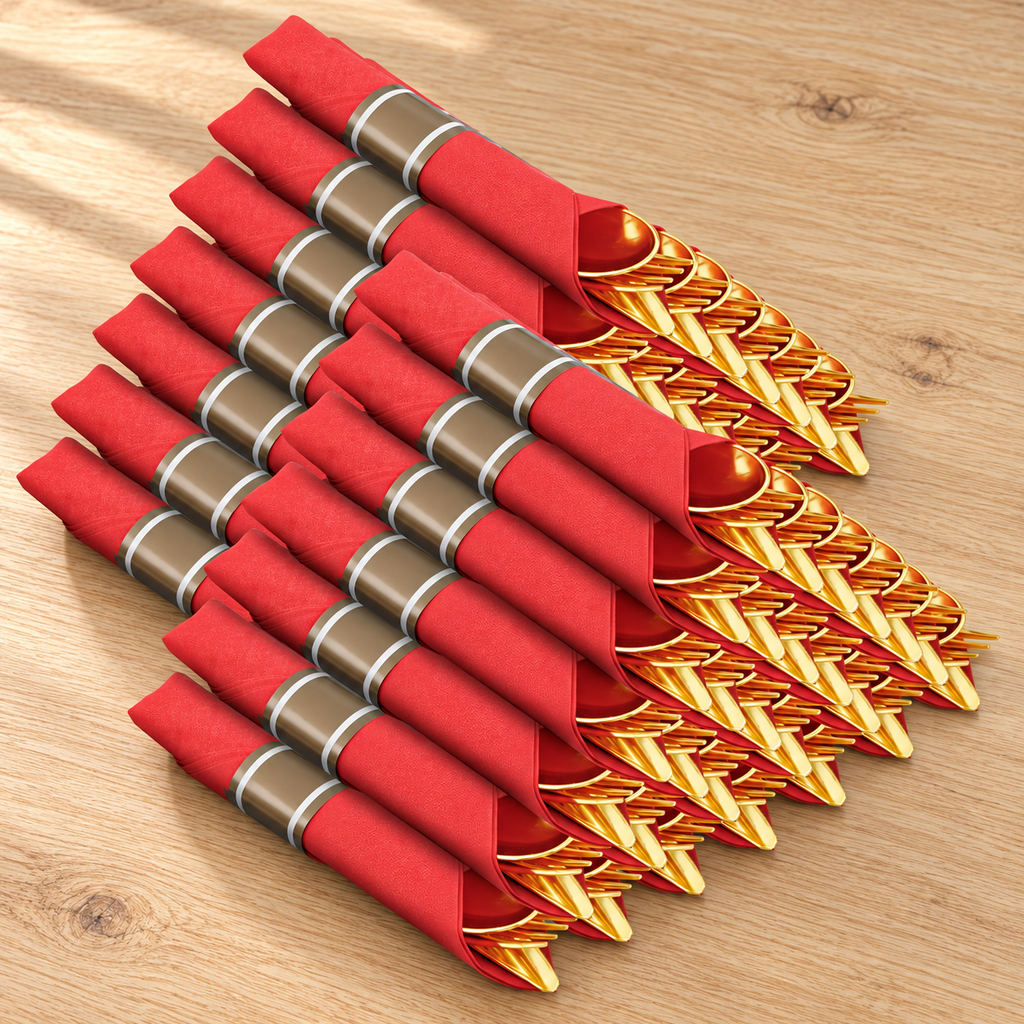 Representative red napkin rolls with gold-colored plastic cutlery and taupe bands with white stripes on a table