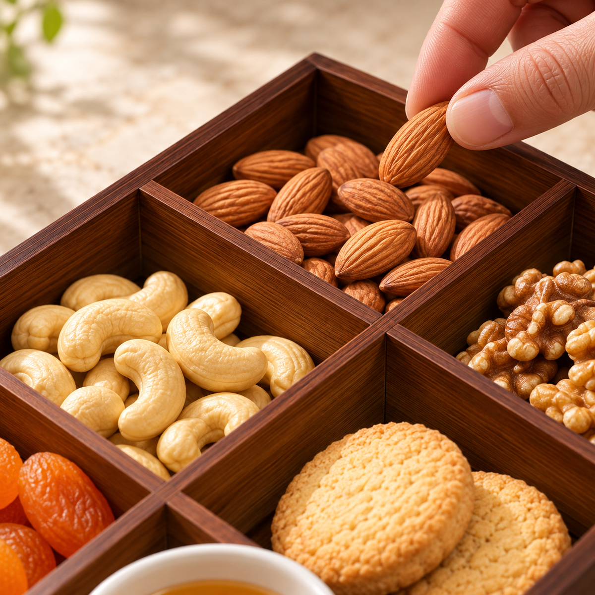 Hand selecting an almond from a walnut-finish six-compartment bamboo snack tray; food not included