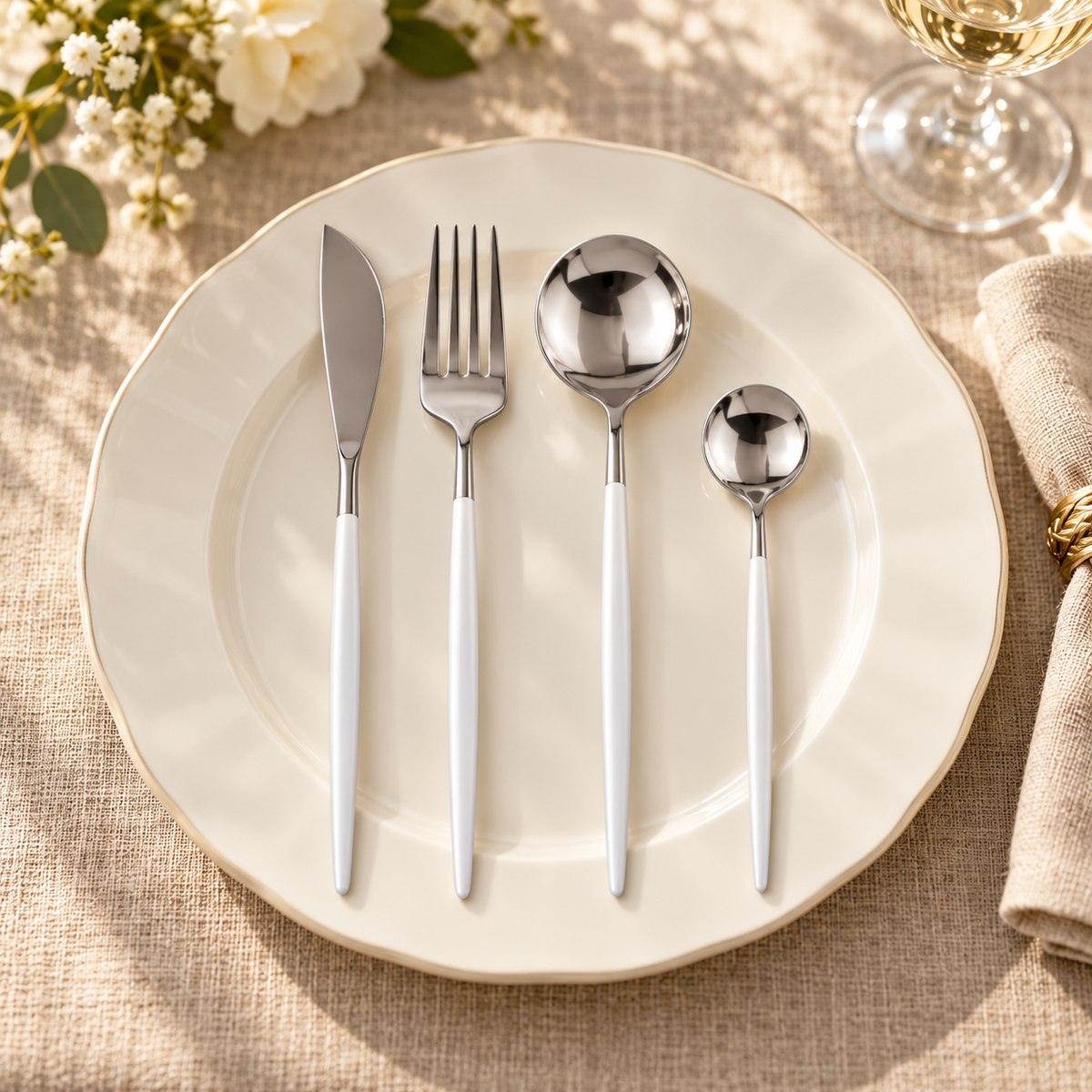 Silver and white four-piece place setting from the 24-piece cutlery set; decorative props not included.