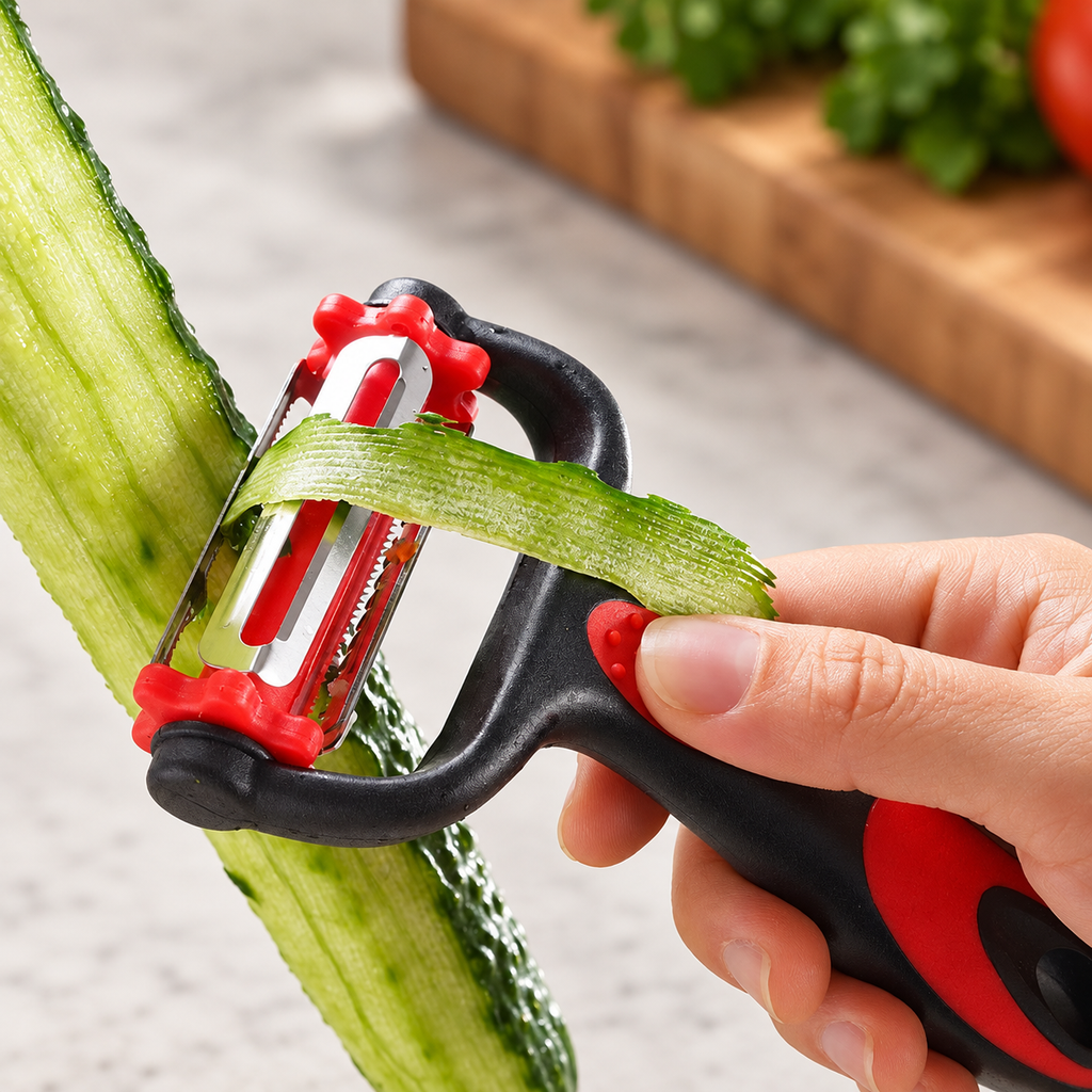 Black and red three-in-one peeler shaving cucumber skin; food not included