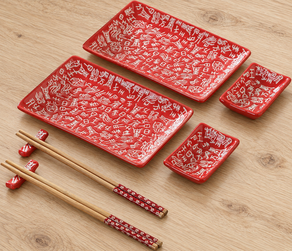 Red surname-pattern sushi set with two plates, two sauce dishes, two chopstick rests and two pairs of wooden chopsticks on an oak table