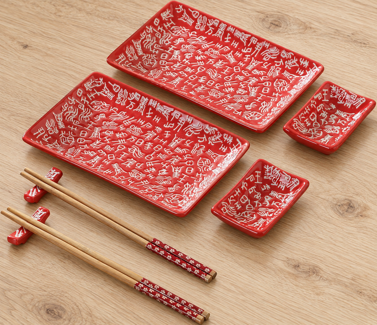 Red surname-pattern sushi set with two plates, two sauce dishes, two chopstick rests and two pairs of wooden chopsticks on an oak table