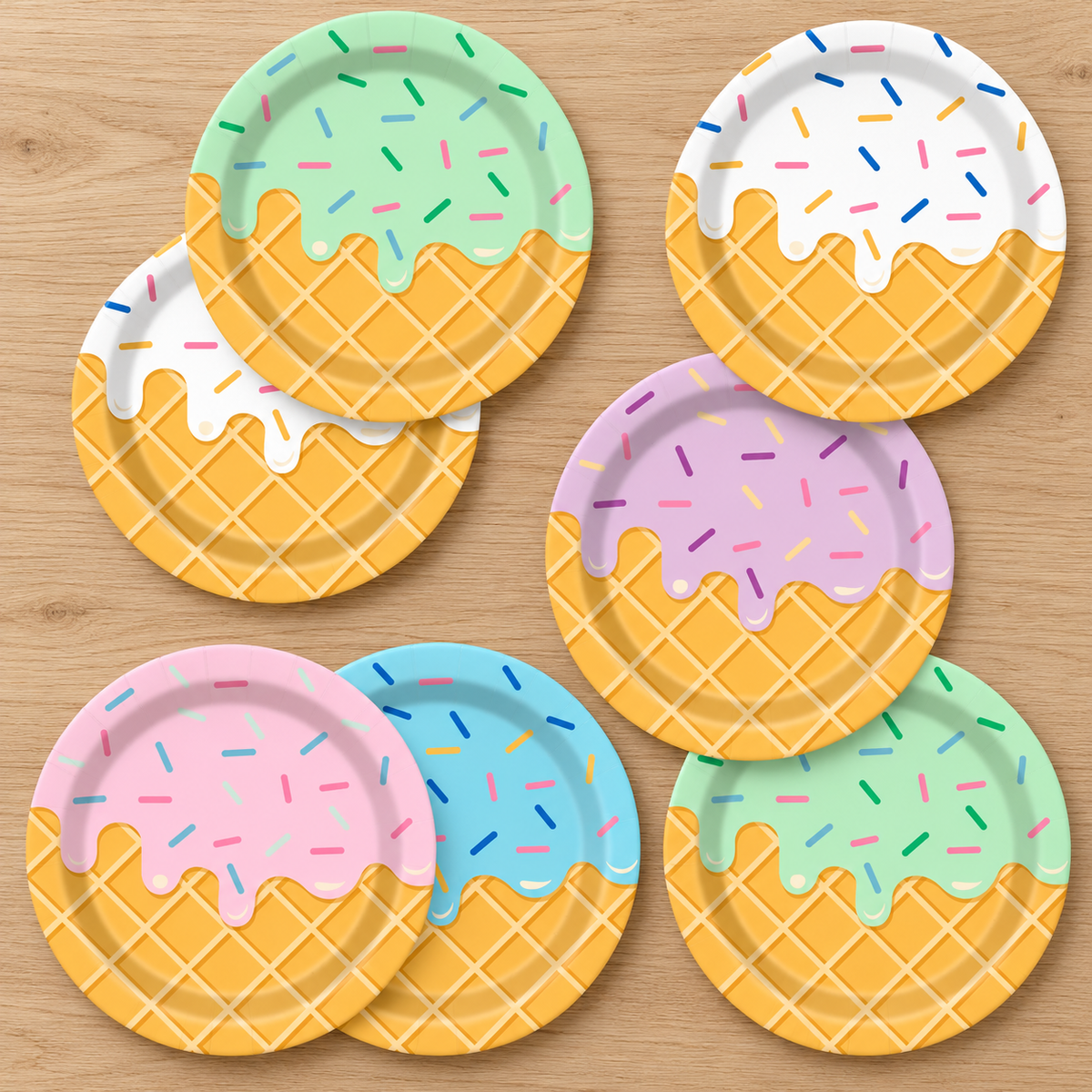 Representative pastel ice-cream print paper plates in five colors arranged on an oak table