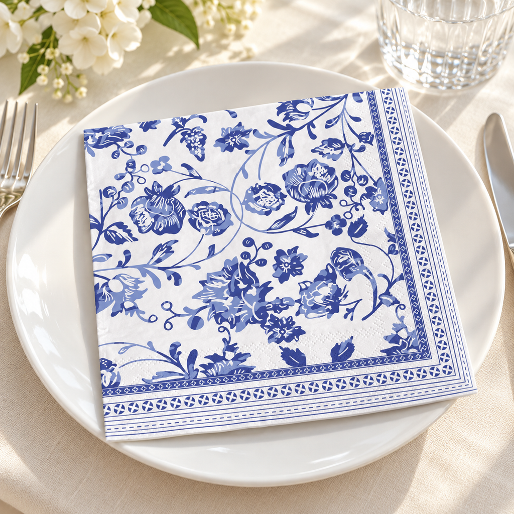 Blue Chinoiserie Luncheon Napkins, 50 pc - place setting. Styling props not included.