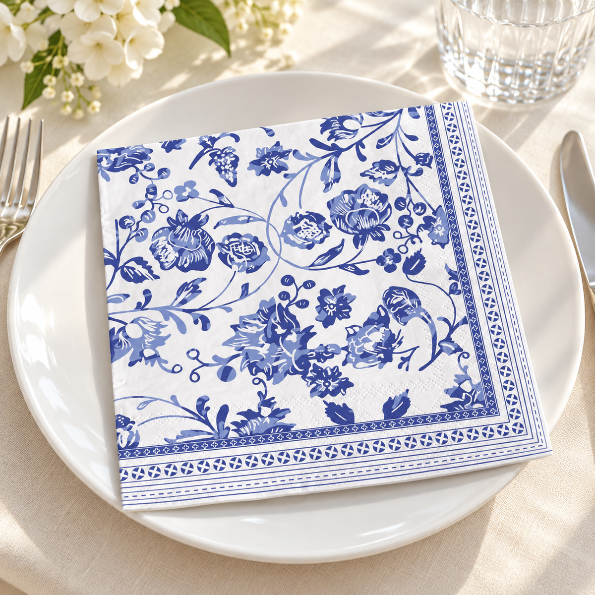 Blue Chinoiserie Luncheon Napkins, 50 pc - place setting. Styling props not included.