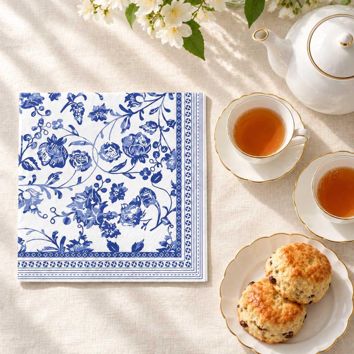 Blue Chinoiserie Luncheon Napkins, 50 pc - tea party table. Styling props not included.