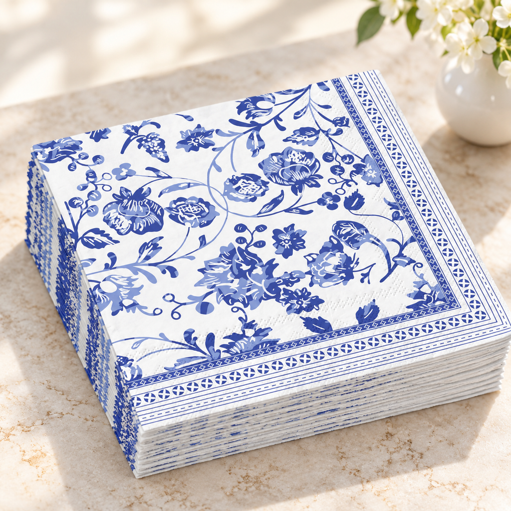 Blue Chinoiserie Luncheon Napkins, 50 pc - stack detail. Styling props not included.