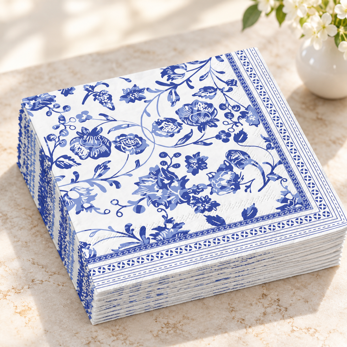 Blue Chinoiserie Luncheon Napkins, 50 pc - stack detail. Styling props not included.