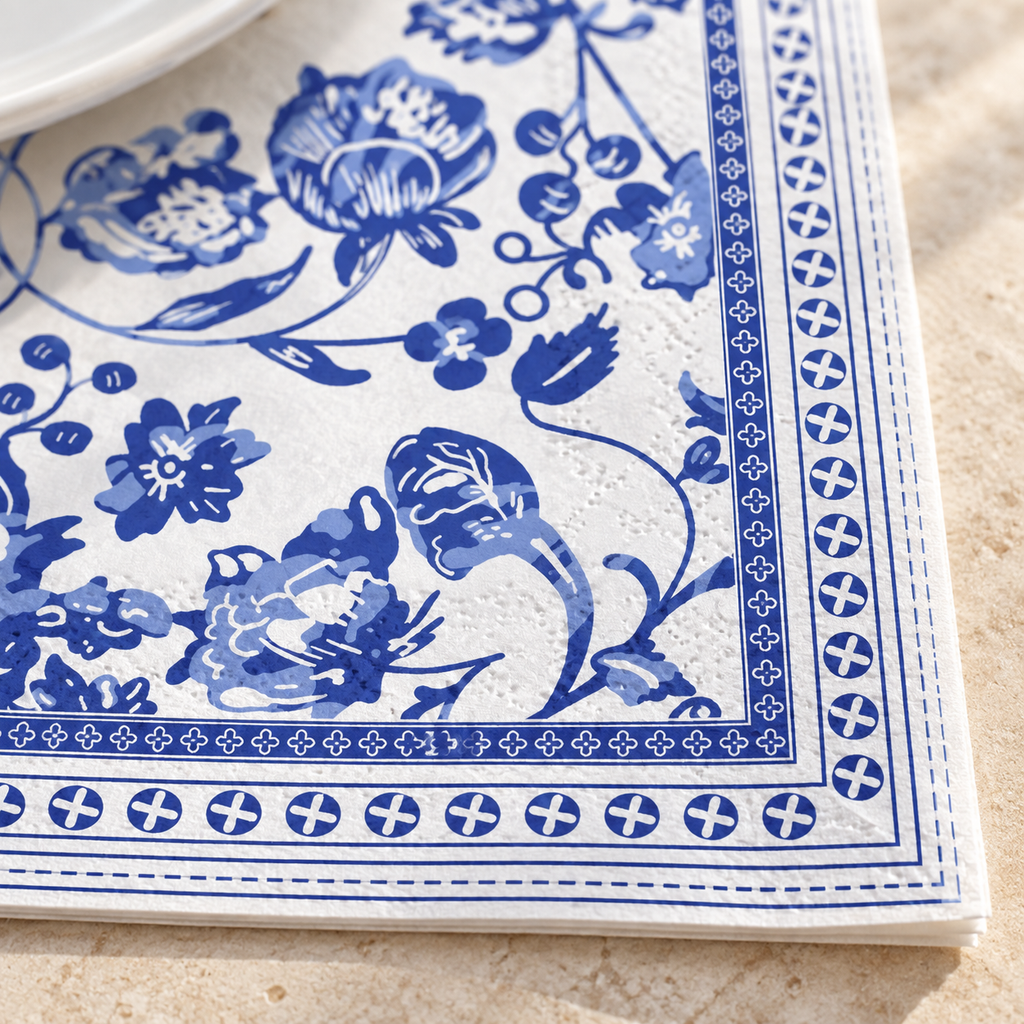 Blue Chinoiserie Luncheon Napkins, 50 pc - close-up of paper texture. Styling props not included.