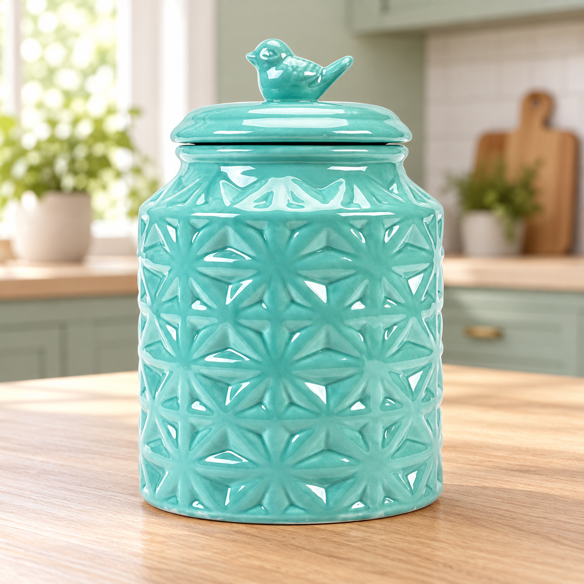 Turquoise ceramic star-pattern jar with bird lid on a kitchen counter