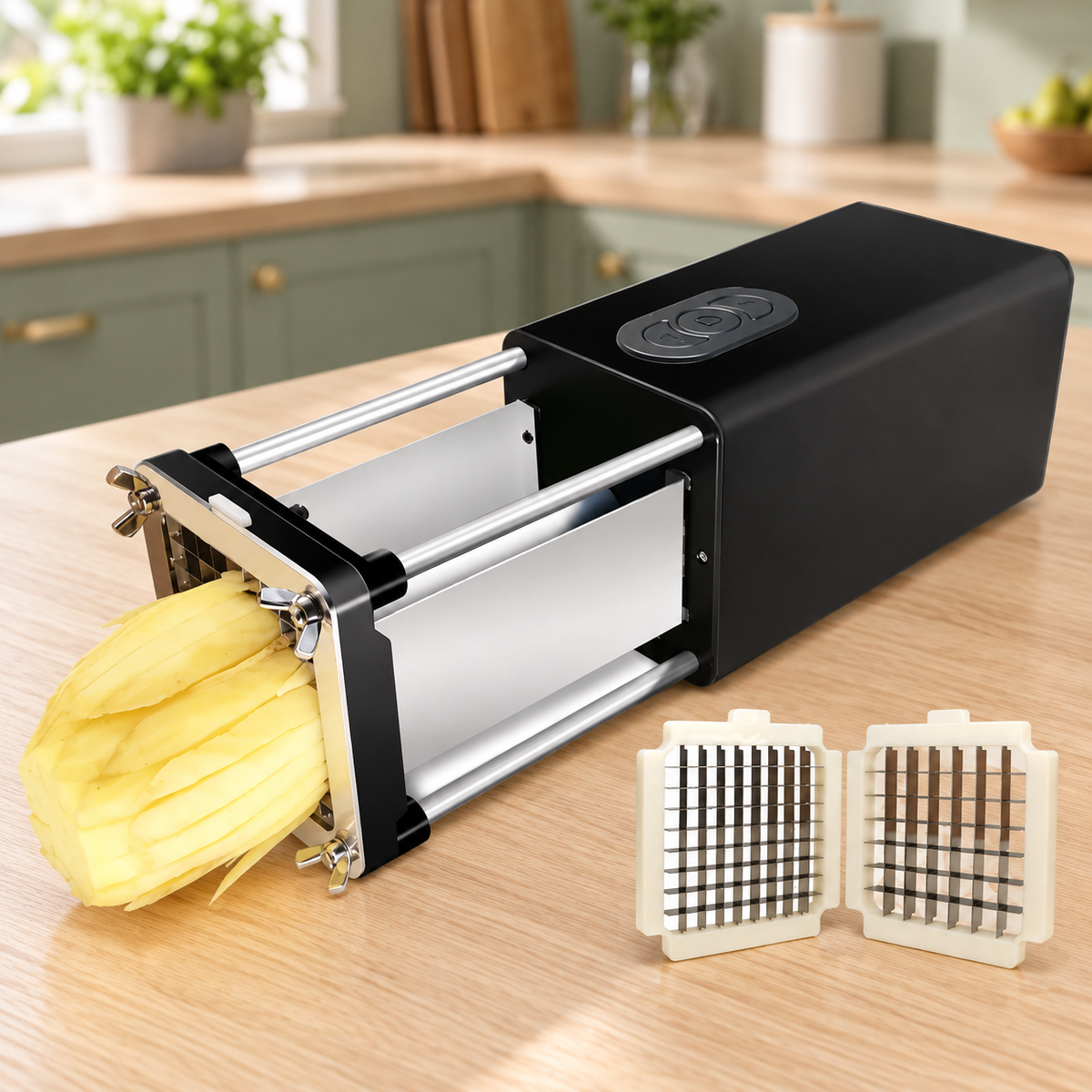 Black electric potato cutter with two grid blade inserts on a kitchen counter; potato shown for demonstration