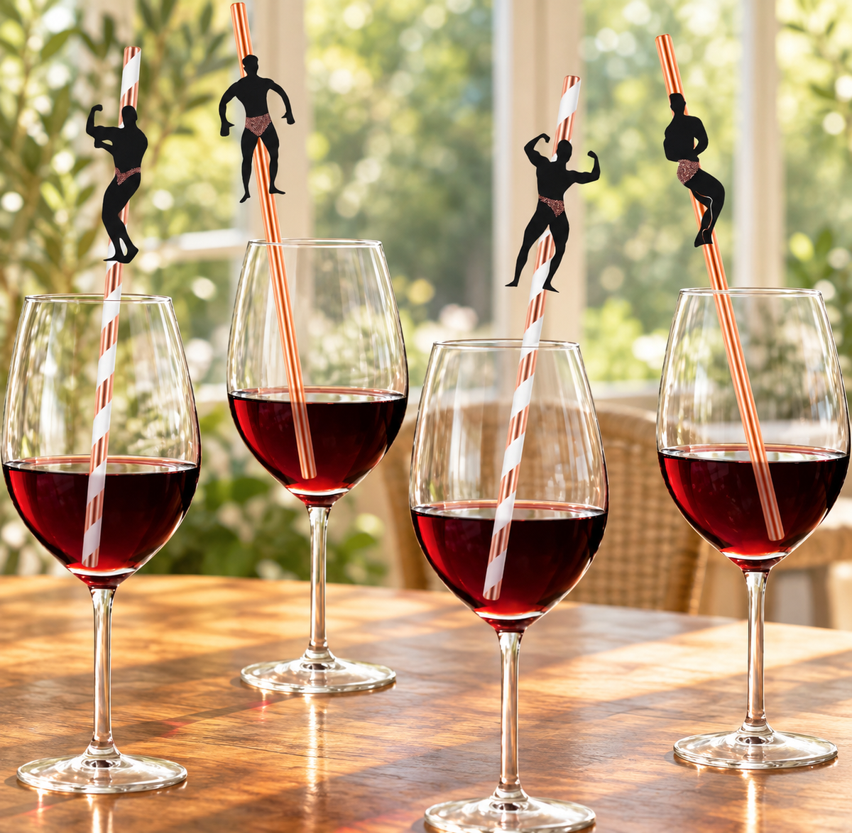 Four dancer-design party straws displayed in glasses; glasses and drinks are styling props