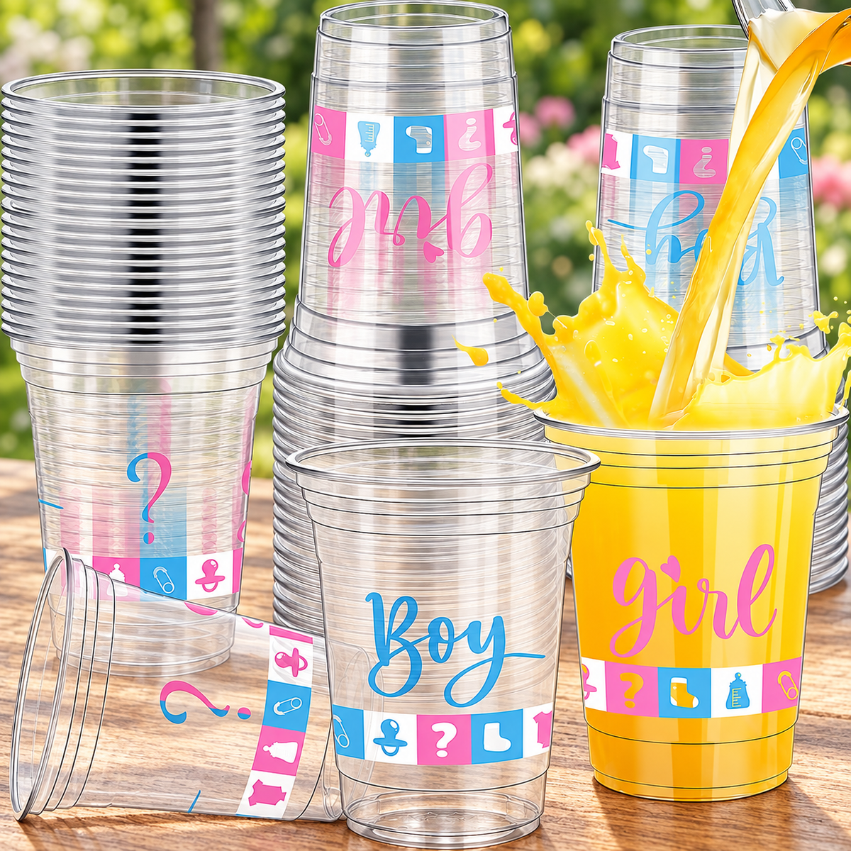 Clear Boy or Girl party cups on a table; drink shown for styling only