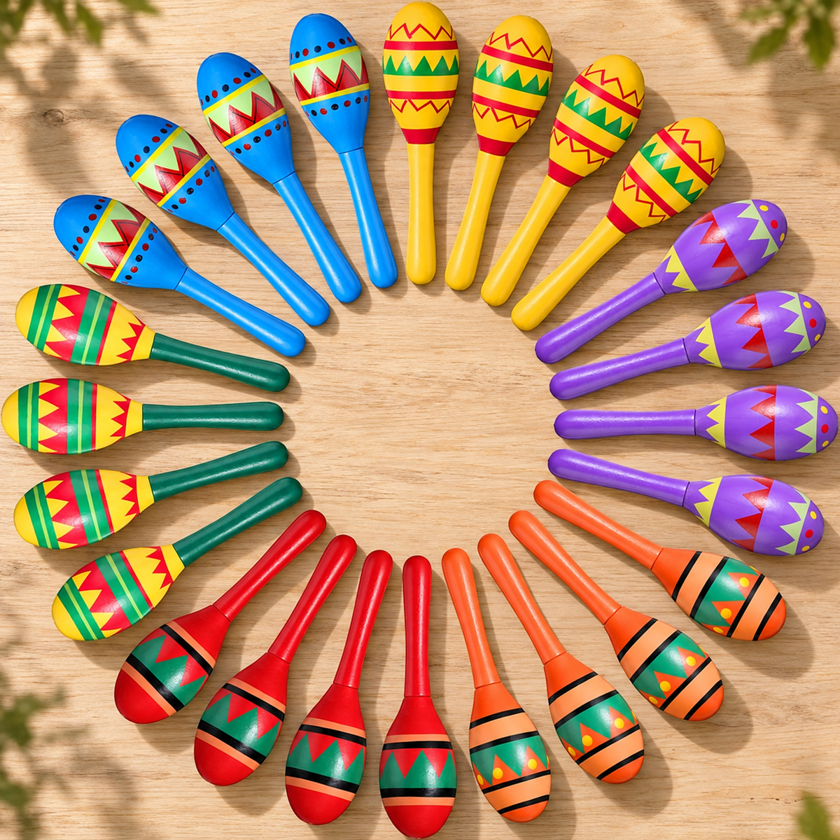 Twenty-four painted mini maracas arranged on a wooden party table