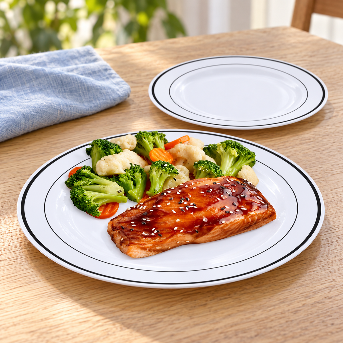 Black-rim disposable plates on an oak dining table; food and linen are styling props