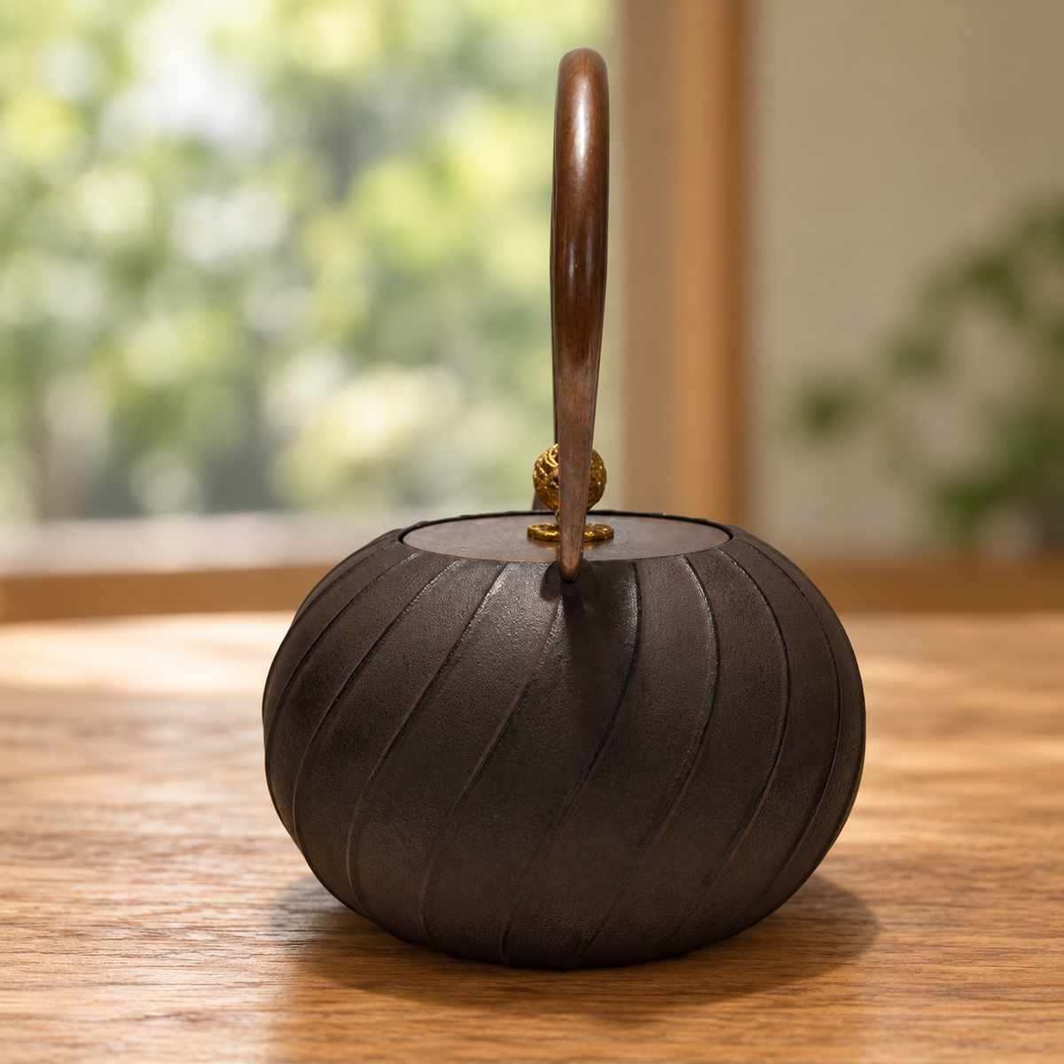 Dark ribbed teapot with brown arch handle and gold-colored lid knob on a table