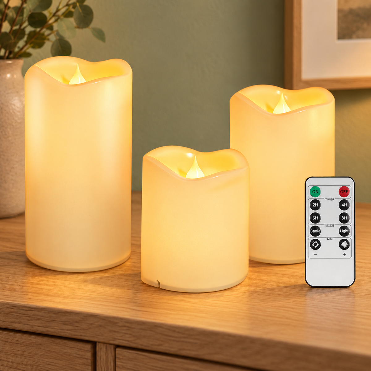 Three beige LED pillar candles with warm yellow light and white remote on an oak console