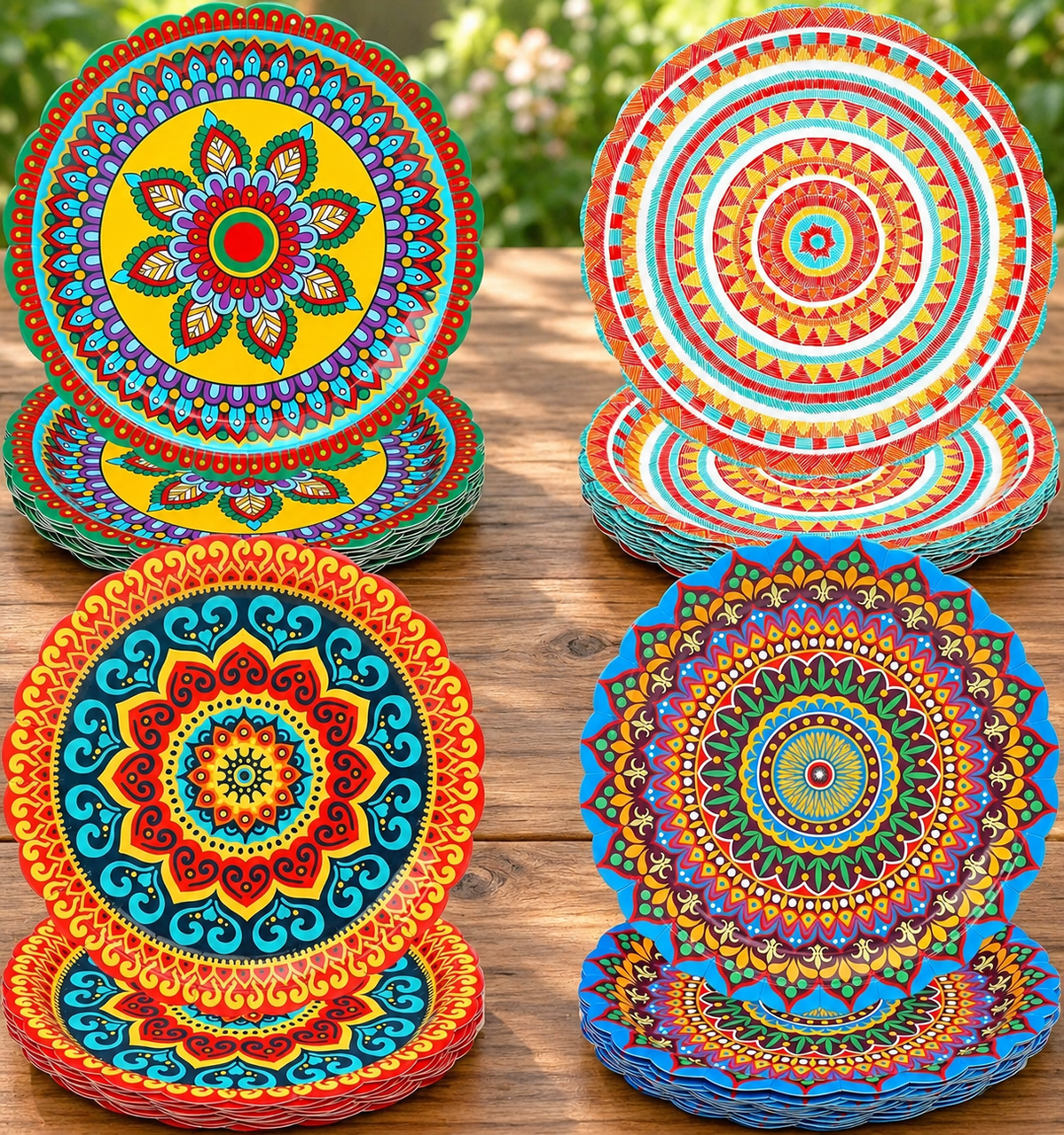 Four colorful fiesta plate designs displayed on a wooden table