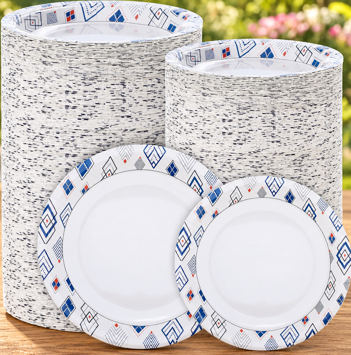 Two sizes of white paper plates with blue geometric borders on a wooden table