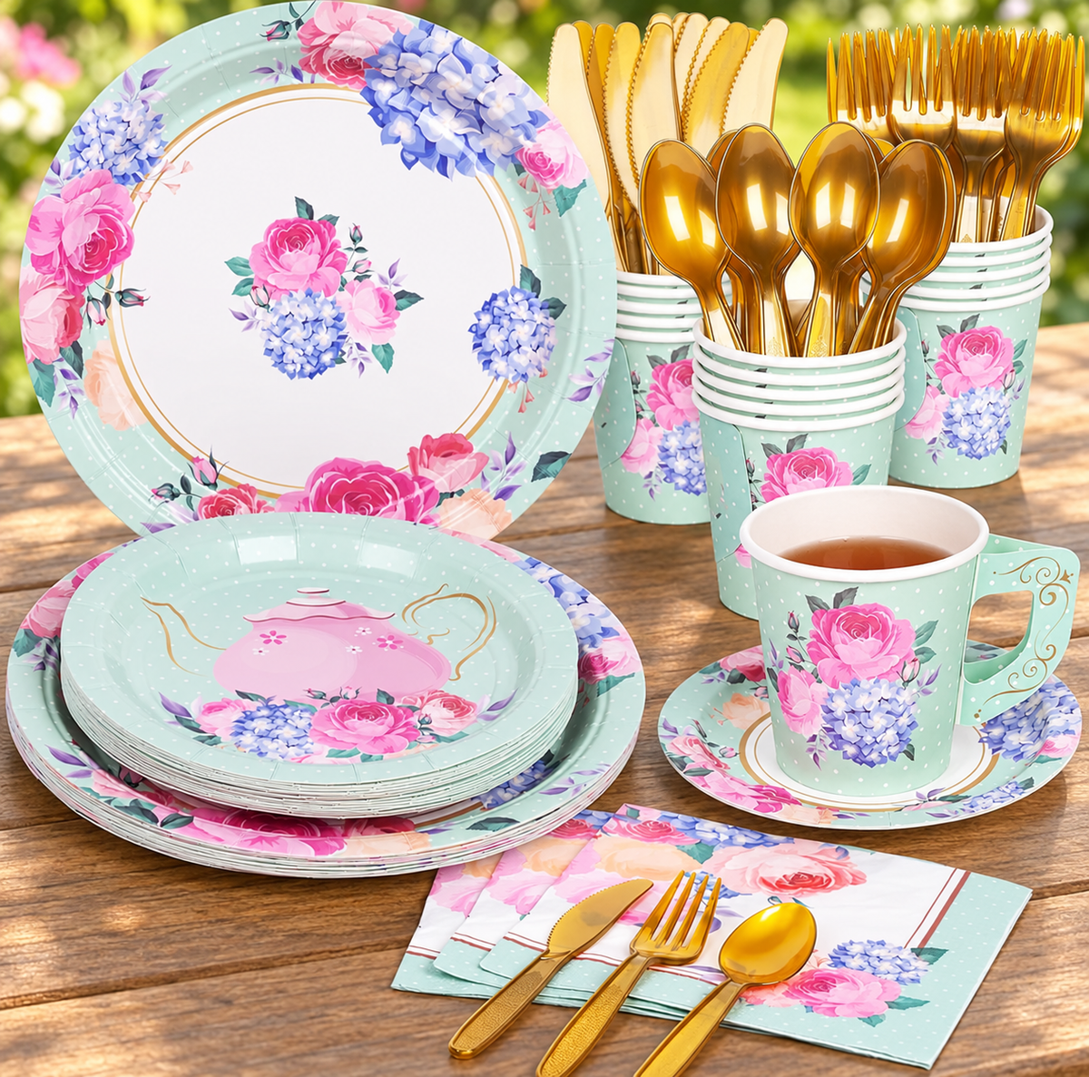 Mint floral paper tea-party tableware with gold-colored plastic cutlery; drink not included