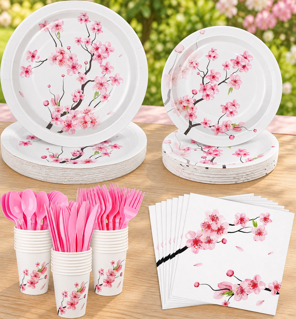 Pink cherry-blossom party tableware and pink plastic cutlery in a garden table setting