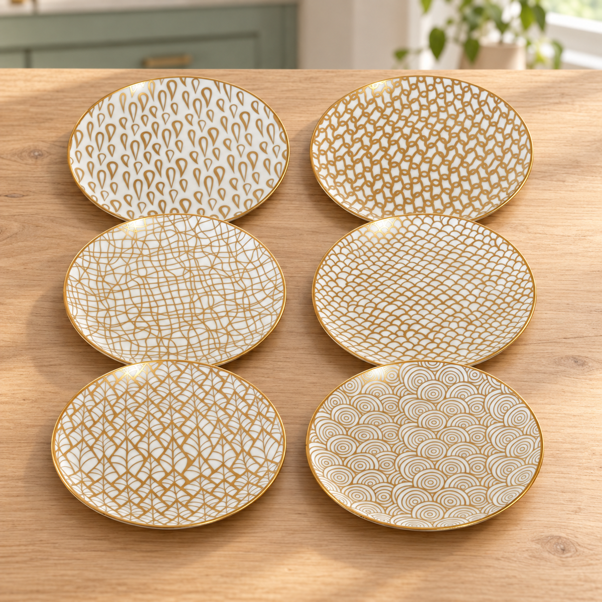 Six porcelain appetizer plates with distinct gold patterns on a wooden table