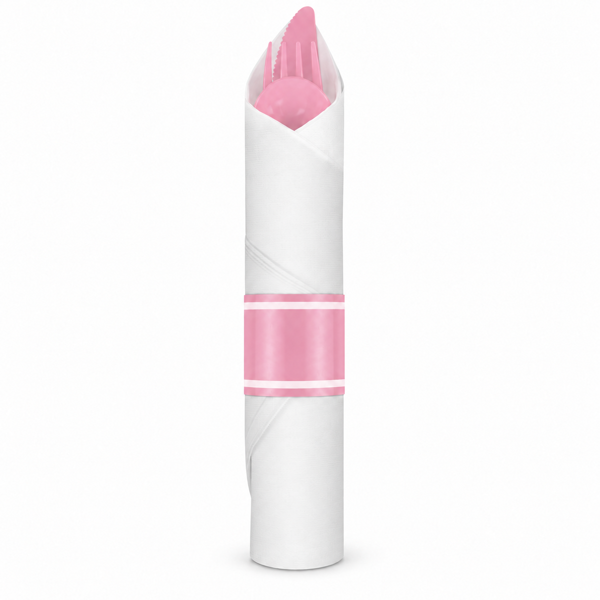 One pink plastic fork, knife and spoon compactly rolled in a white napkin with a broad pink band and white border stripes; one representative set from the 100-set pack.