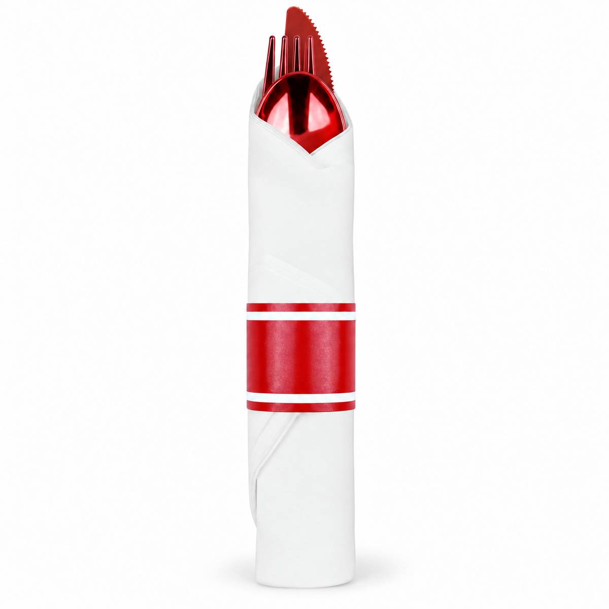 One red plastic fork, knife and spoon compactly rolled in a white napkin with a broad red band and white border stripes; one representative set from the 30-set pack.