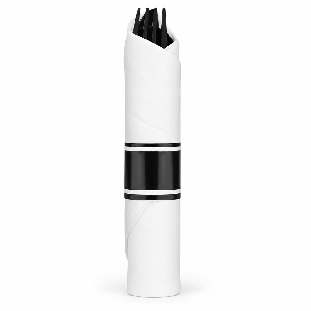 One black plastic fork, knife and spoon compactly rolled in a white napkin with a broad black band and white border stripes; one representative set from the 60-set pack.