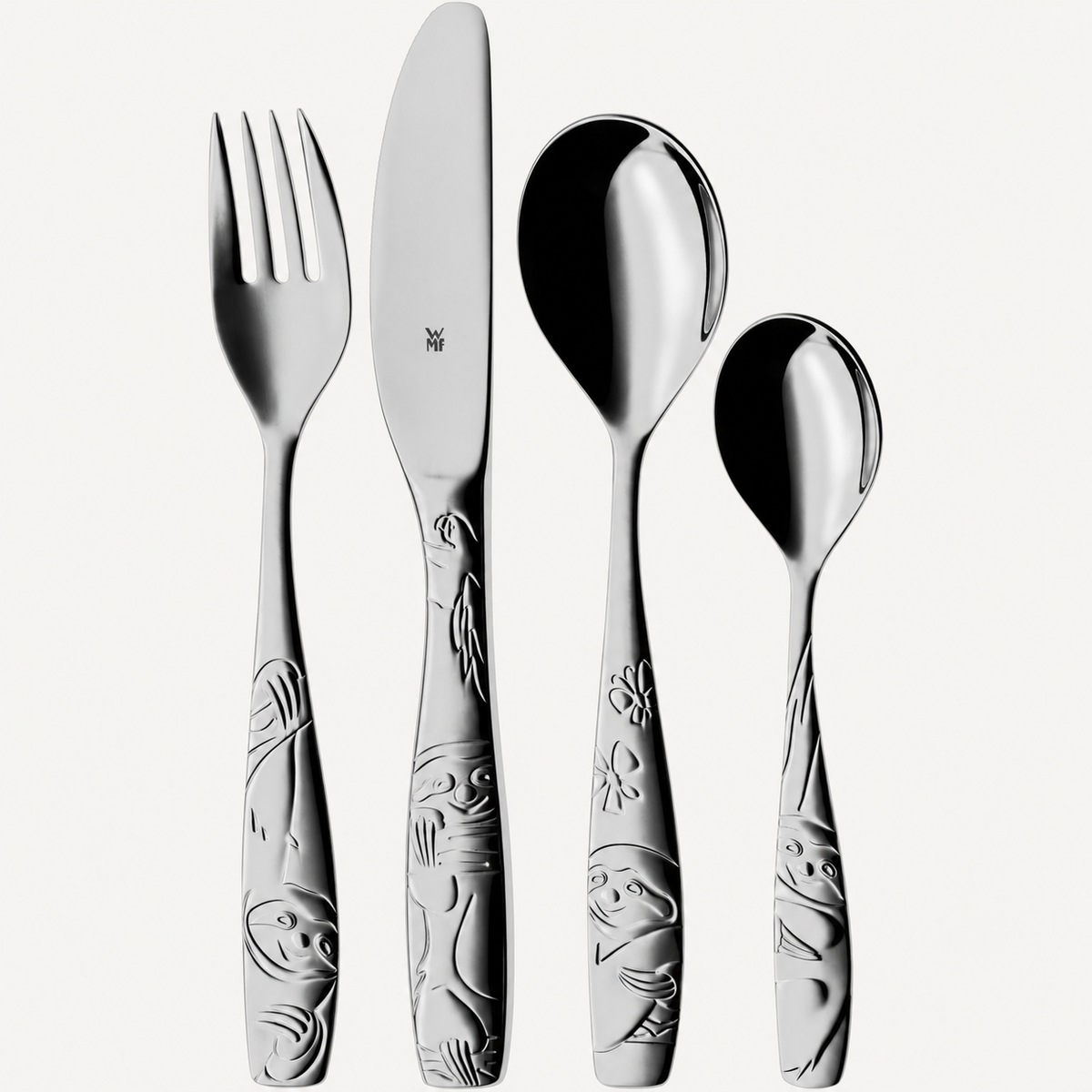 Four-piece stainless steel children's cutlery with the supplier's detailed sloth-and-leaf handle design, shown on a light background.