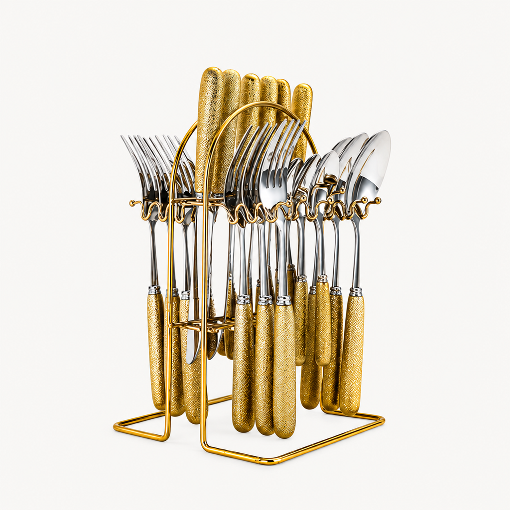 Gold-textured handle stainless steel cutlery displayed in a gold-tone wire rack on a light background; the overlapped display does not show a countable full assortment.