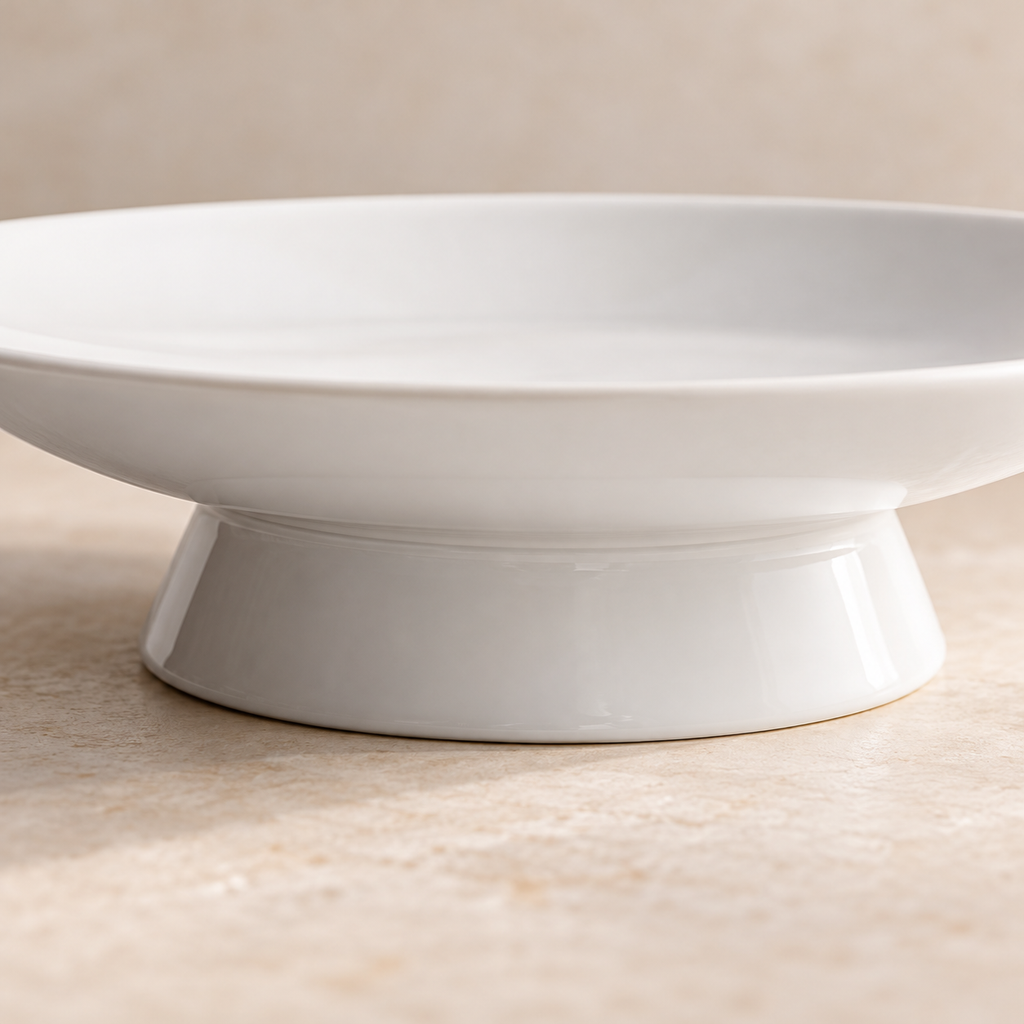 Low-angle close detail of broad ceramic pedestal foot