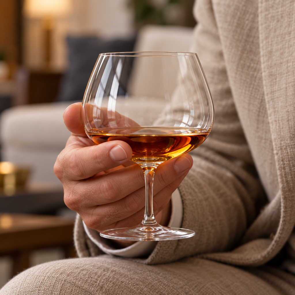 Ambra brandy glass held in the palm with an amber pour
