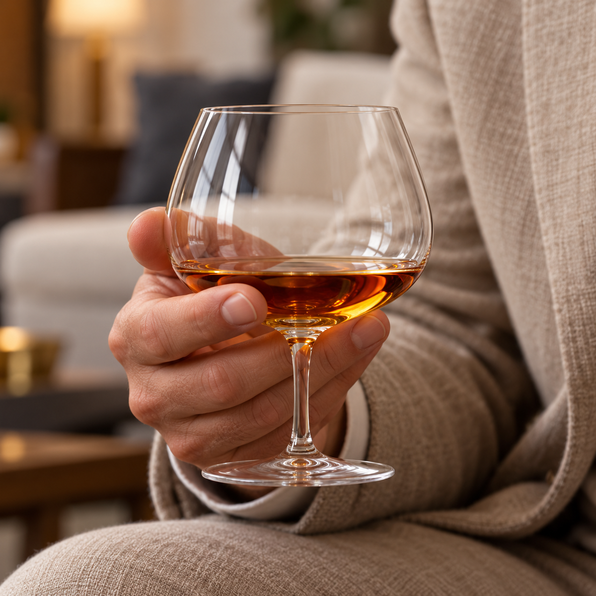 Ambra brandy glass held in the palm with an amber pour