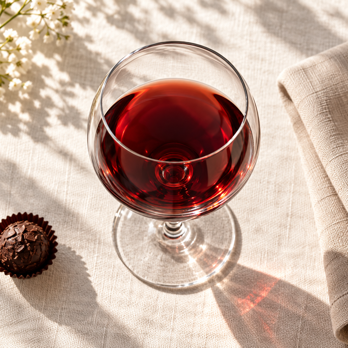 Ambra sweet wine glass viewed from above with ruby port and chocolate