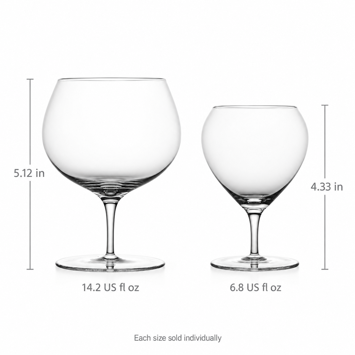 Ambra individual glass size comparison: 14.2 US fl oz, 5.12 in; 6.8 US fl oz, 4.33 in