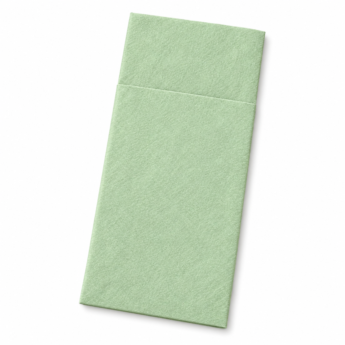 Pale avocado green rectangular paper napkin with a straight flatware pocket on white.