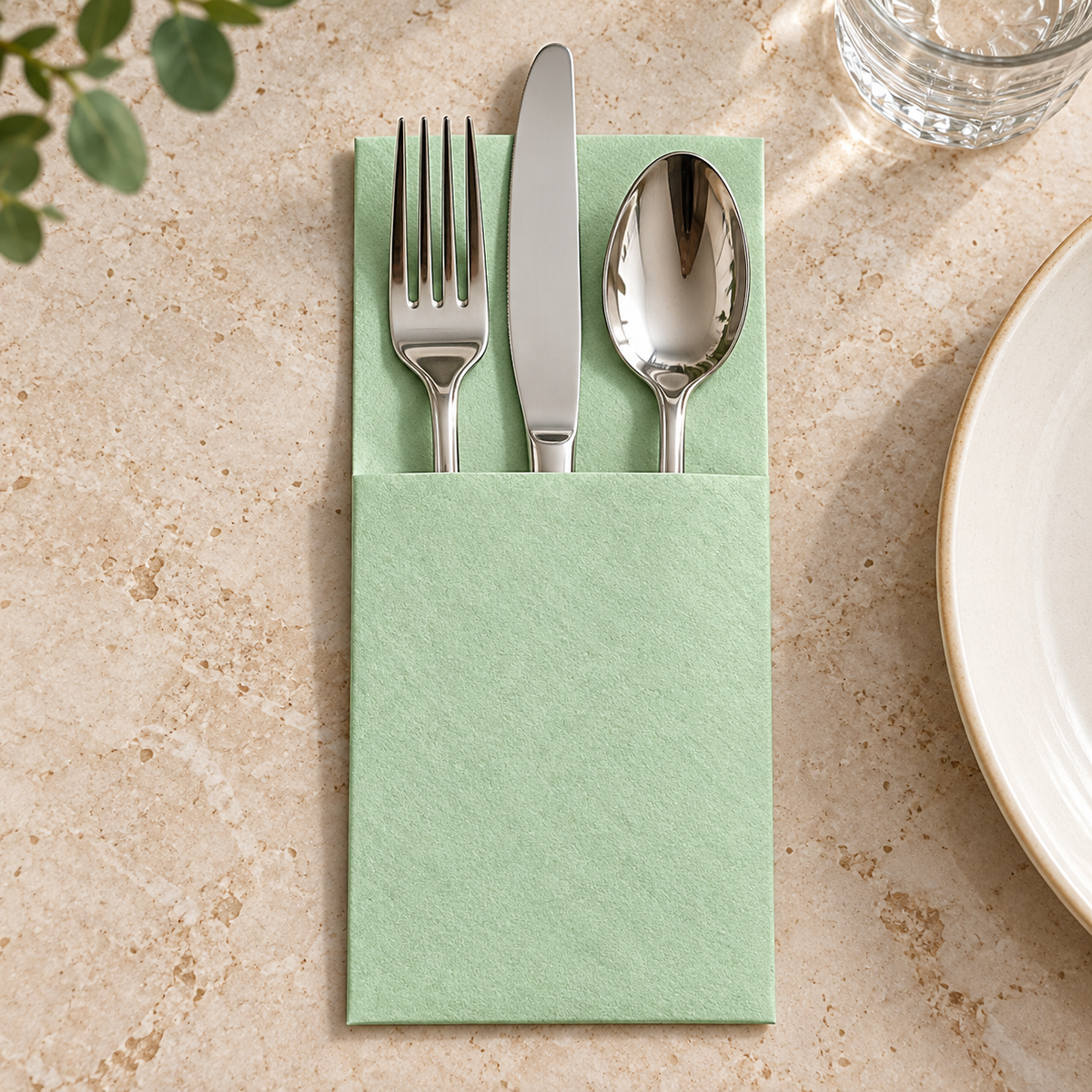 Avocado green pocket napkin styled with a fork, knife and spoon. Cutlery and tableware are not included.
