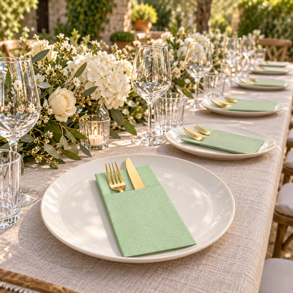 Avocado green pocket napkins styled on a garden wedding table. Cutlery, tableware and decor are not included.