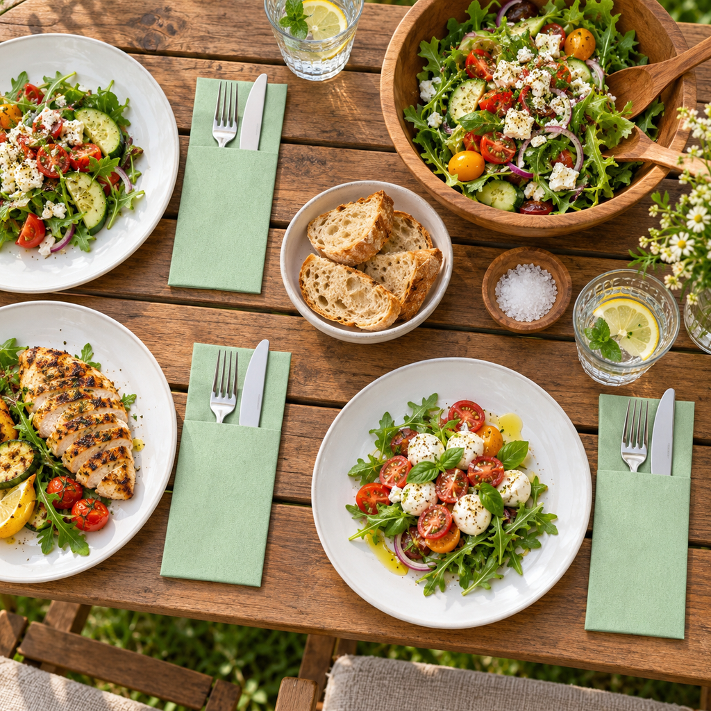 Avocado green pocket napkins styled for a casual outdoor lunch. Cutlery, tableware and food are not included.