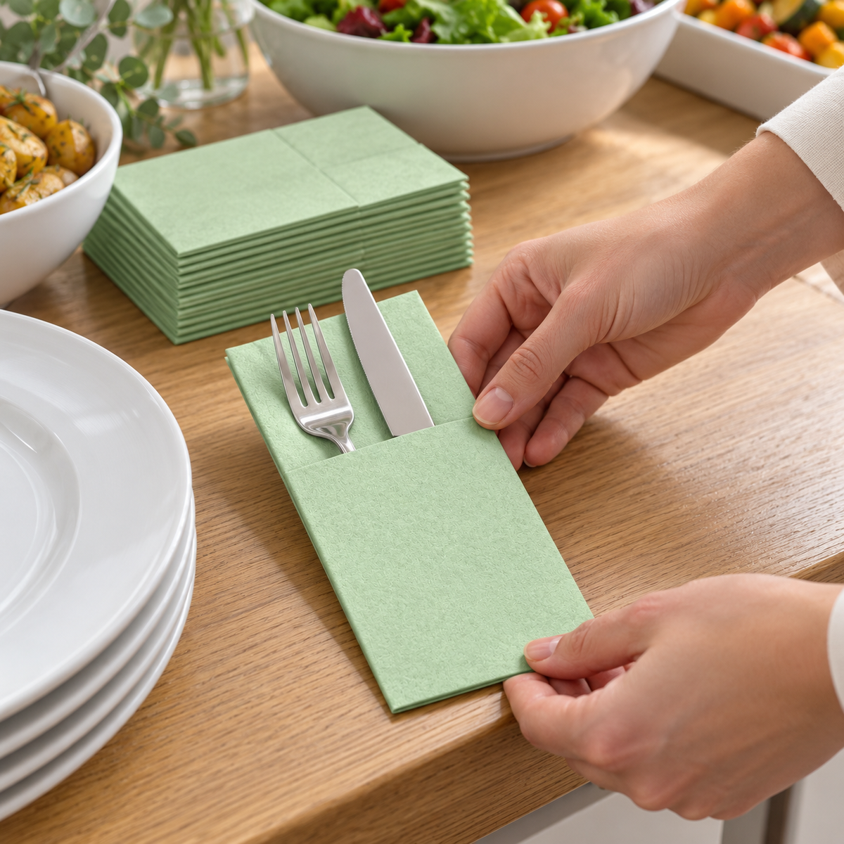 Hands placing an avocado green pocket napkin with cutlery at a buffet. Cutlery, tableware and decor are not included.