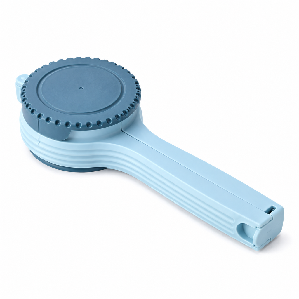 Blue bag sealing pour-spout clip on white background