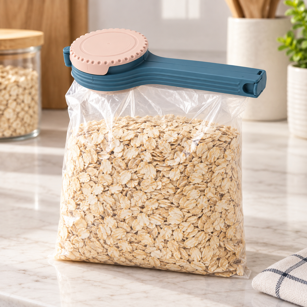 Pink-cap sealing clip closing a bag of oats