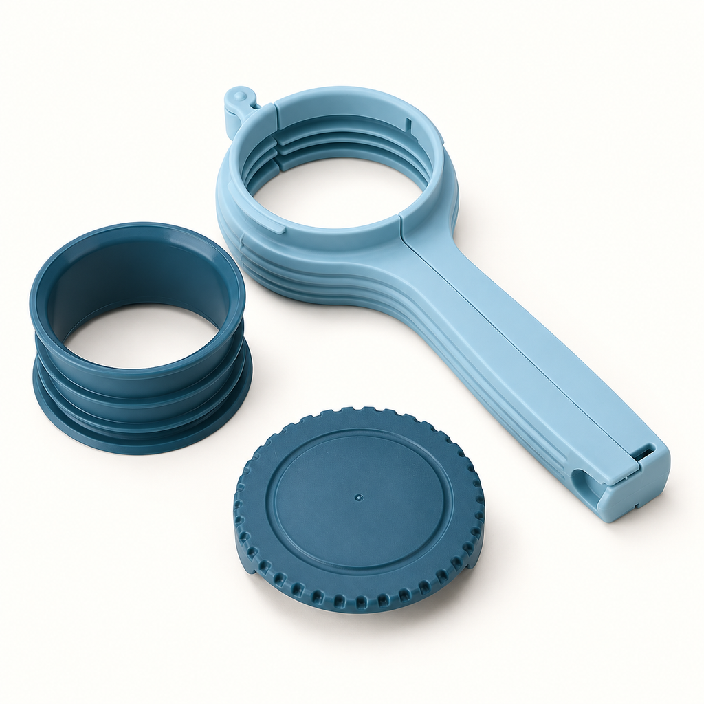 Blue pour-spout clip showing verified clamp, insert and cap
