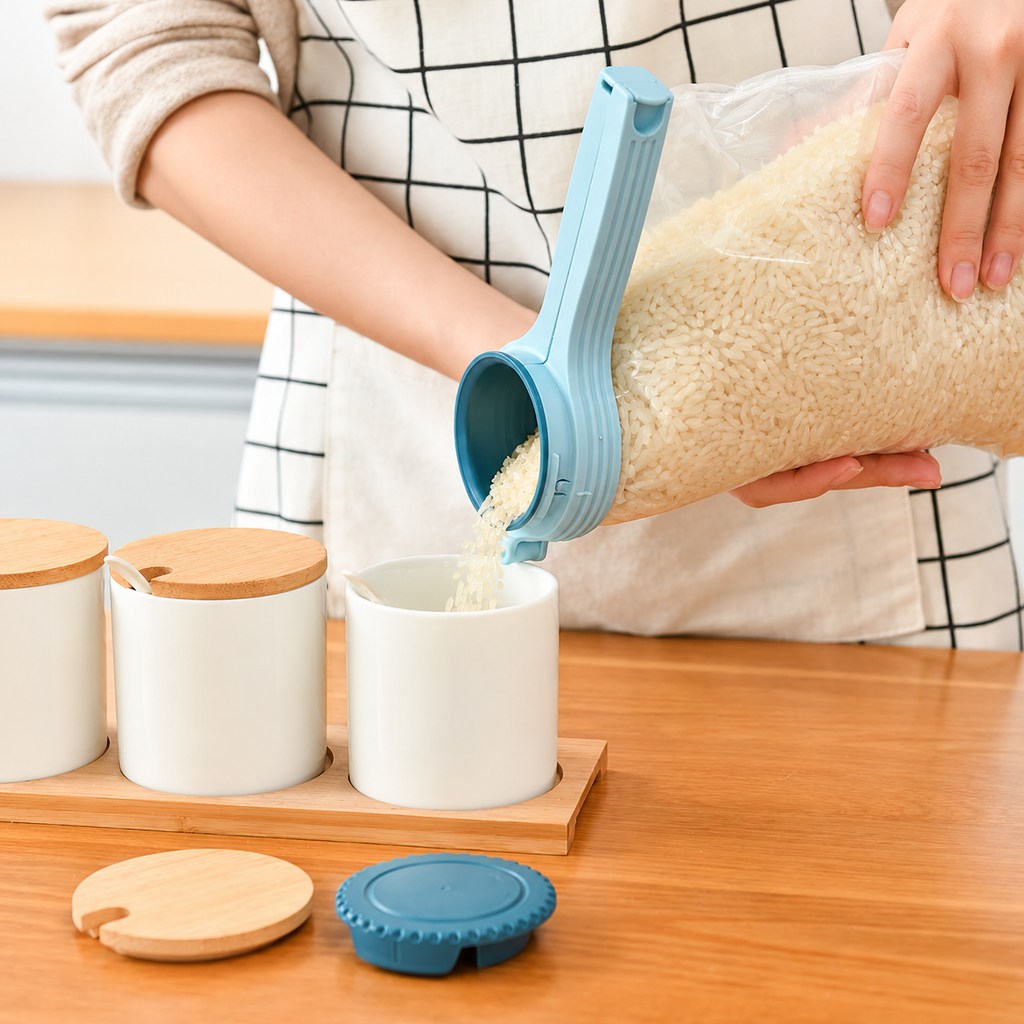 Blue bag spout pouring rice into a canister