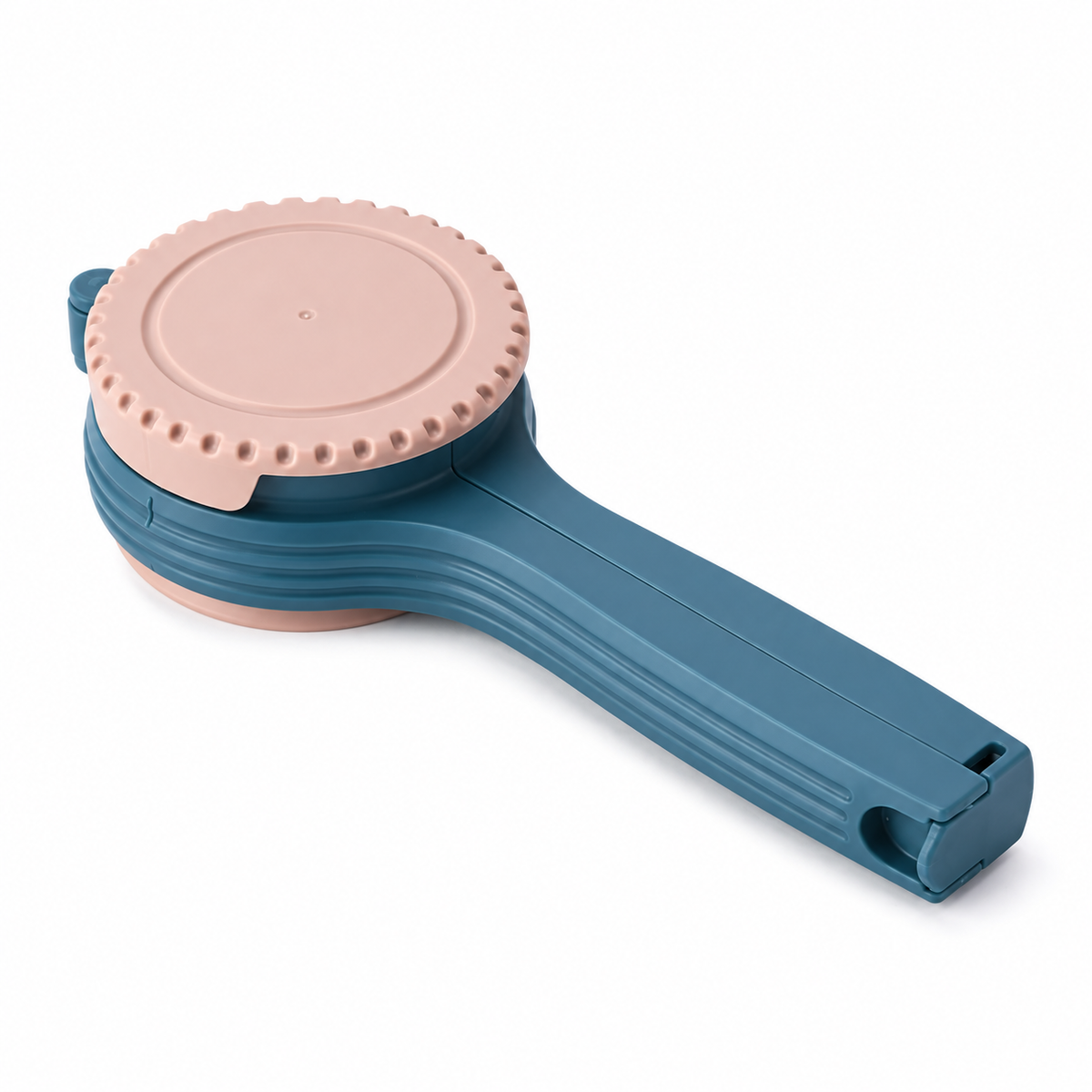 Pink-cap bag sealing clip on white background