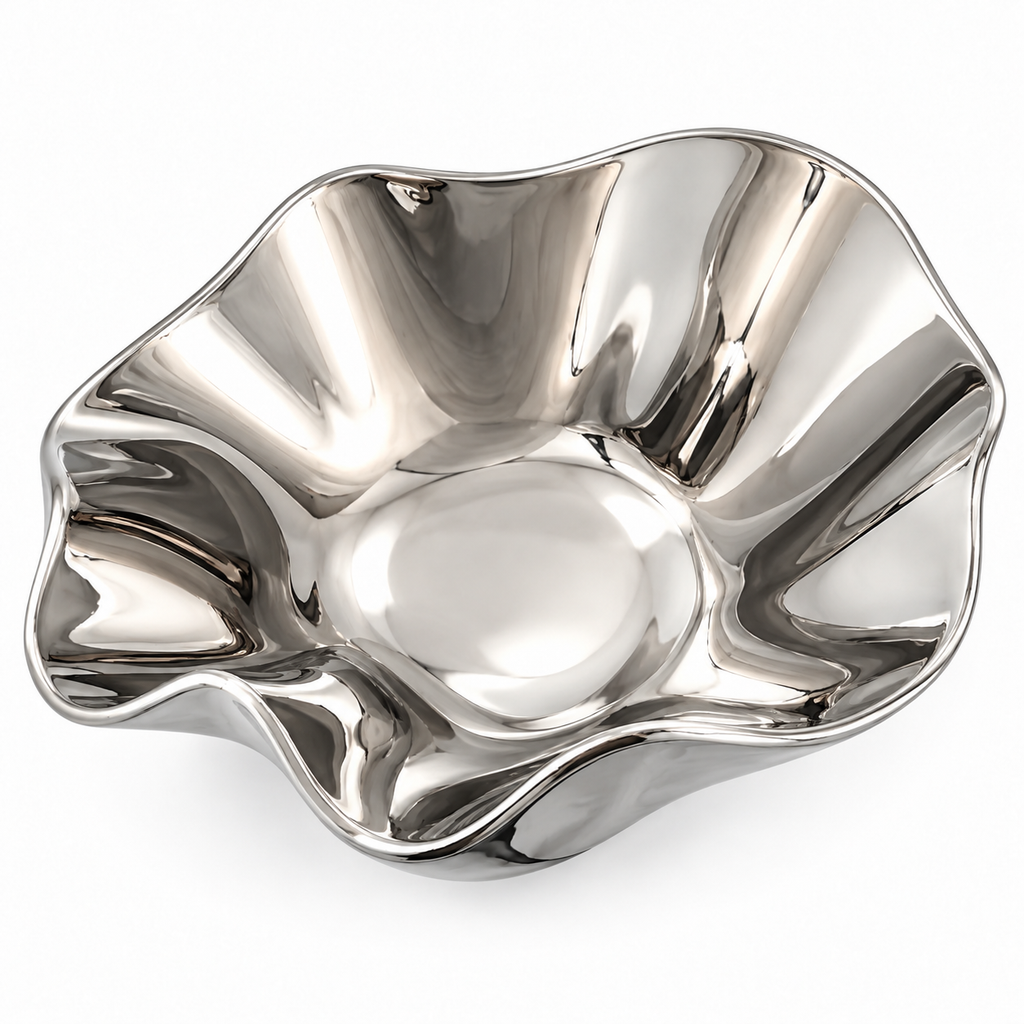 Balza silver ceramic bowl, empty overhead interior and folded rim
