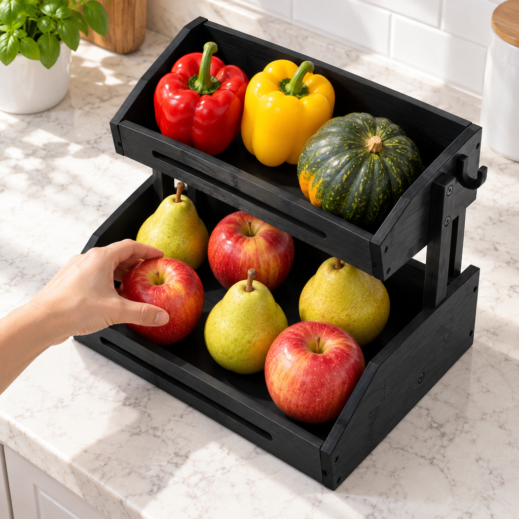 Jet-black bamboo organizer with a hand taking an apple, high-angle use view; produce not included